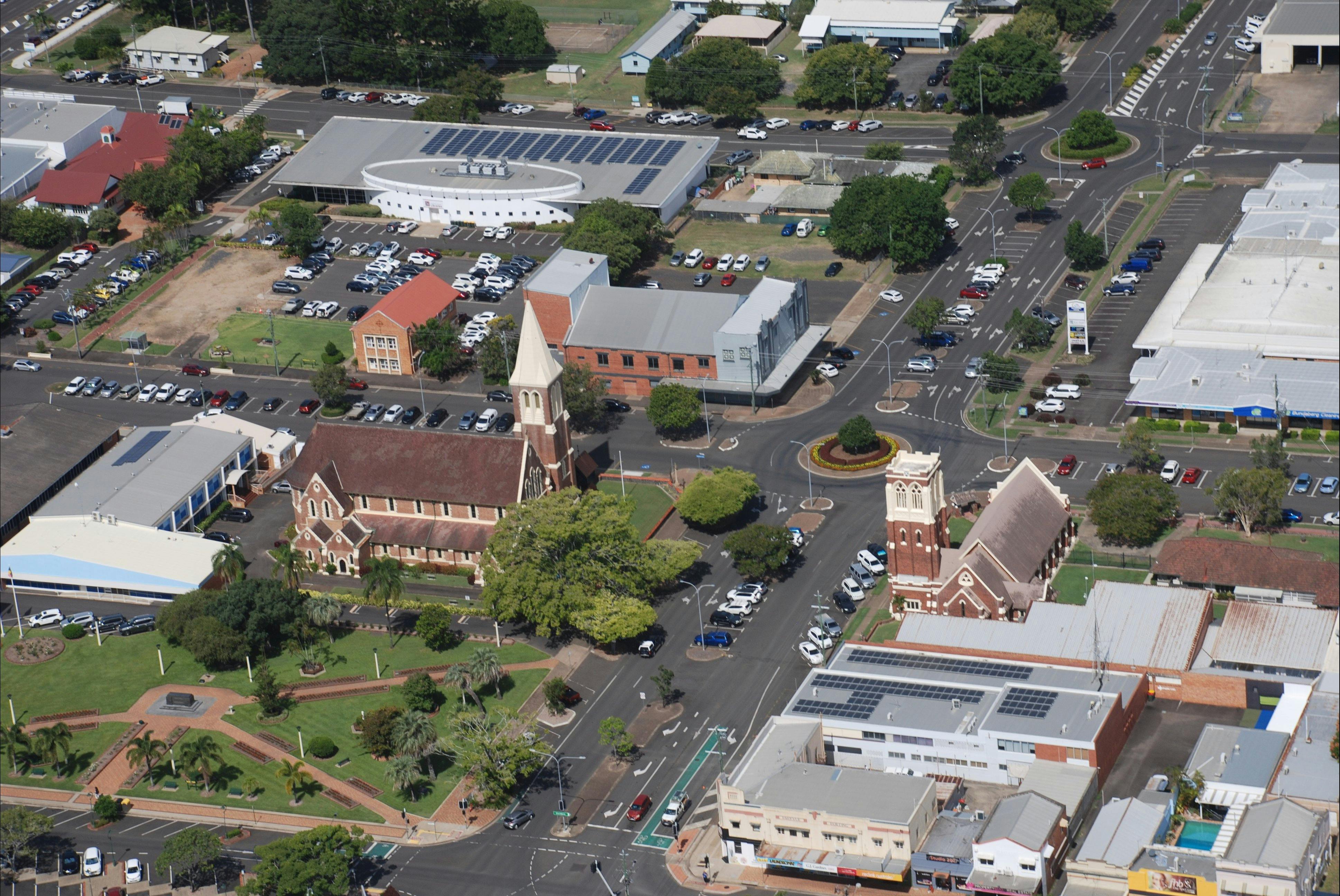 The Memorial park and the distinctive cream and brown churches and the quiet streets of Bundaberg f