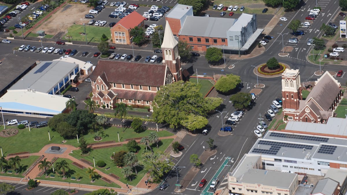The Memorial park and the distinctive cream and brown churches and the quiet streets of Bundaberg f