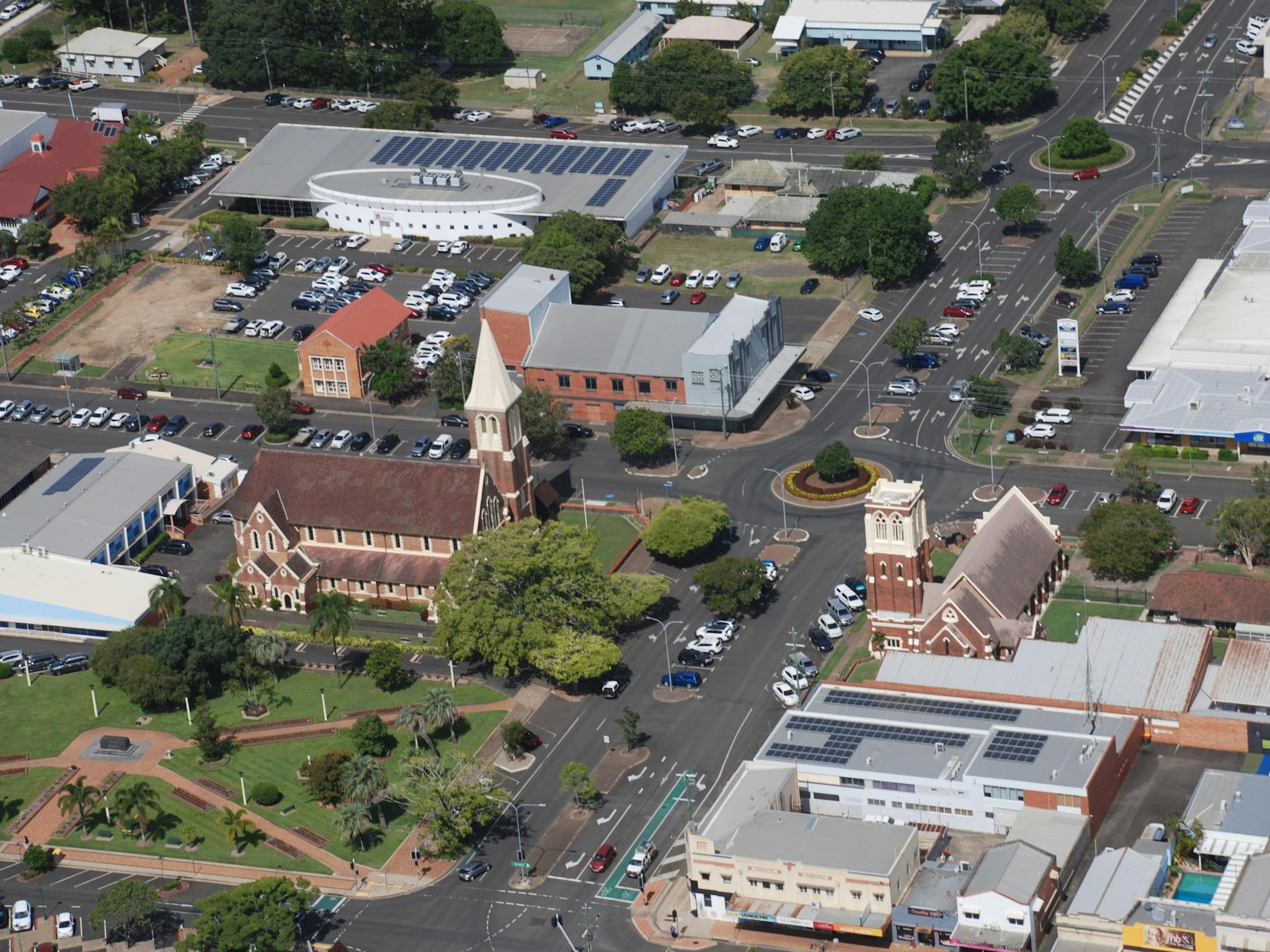 The Memorial park and the distinctive cream and brown churches and the quiet streets of Bundaberg f