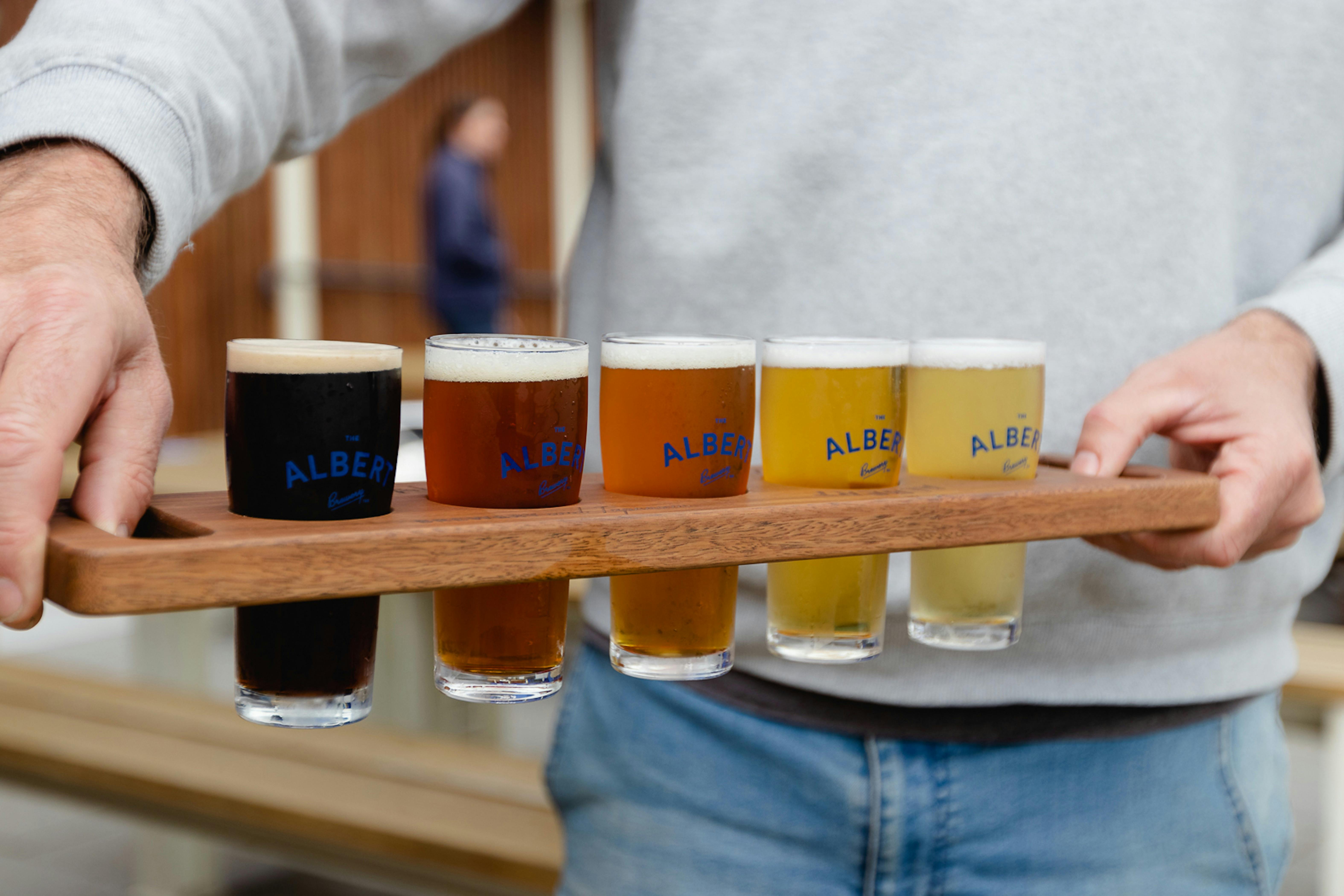 Tasting paddle with 5 Albert Beers