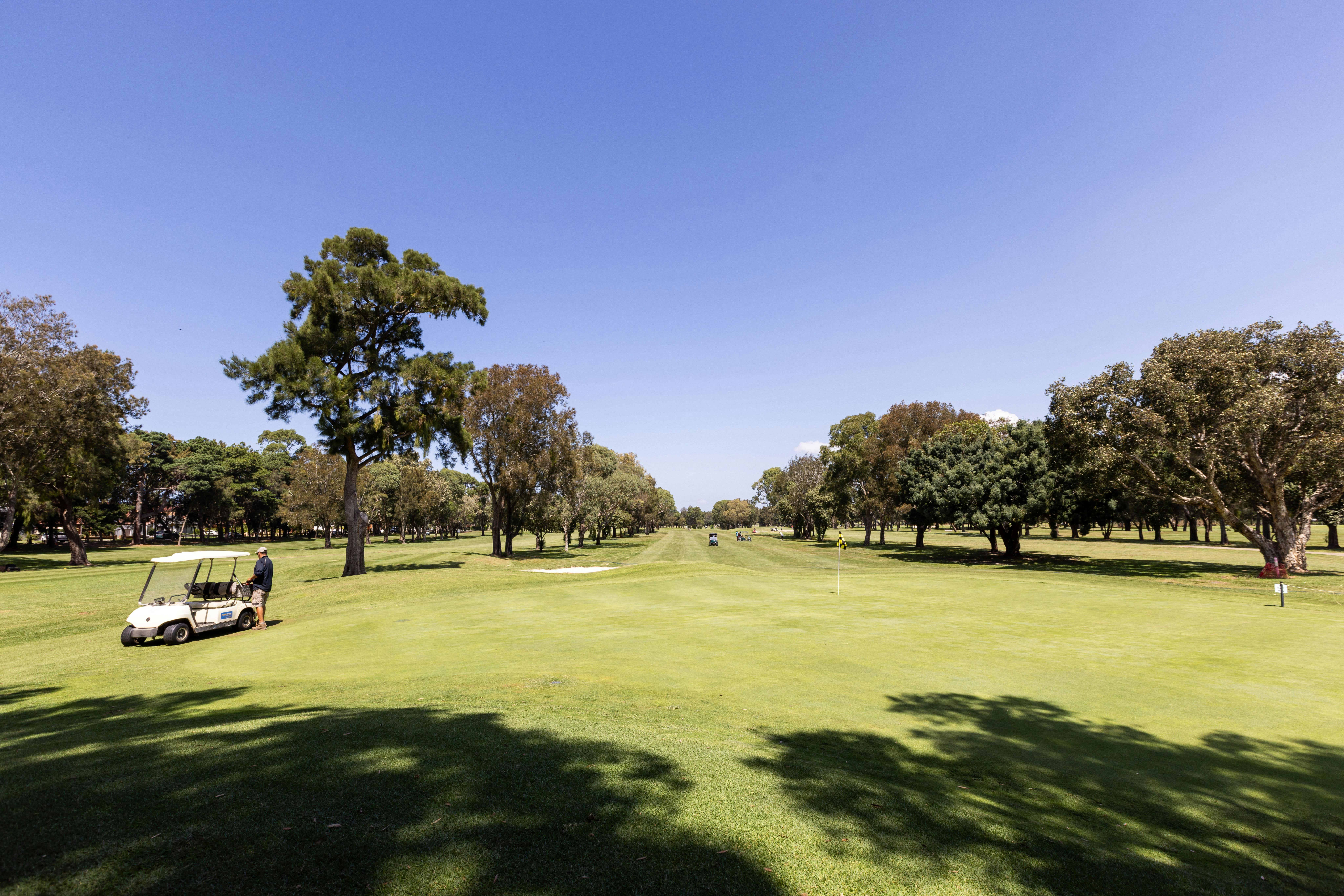 贝弗利公园高尔夫球场的高尔夫球手和高尔夫球车