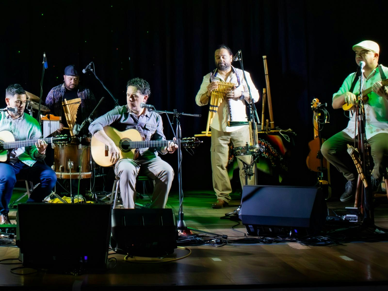 Five people playing musical instruments on a stage