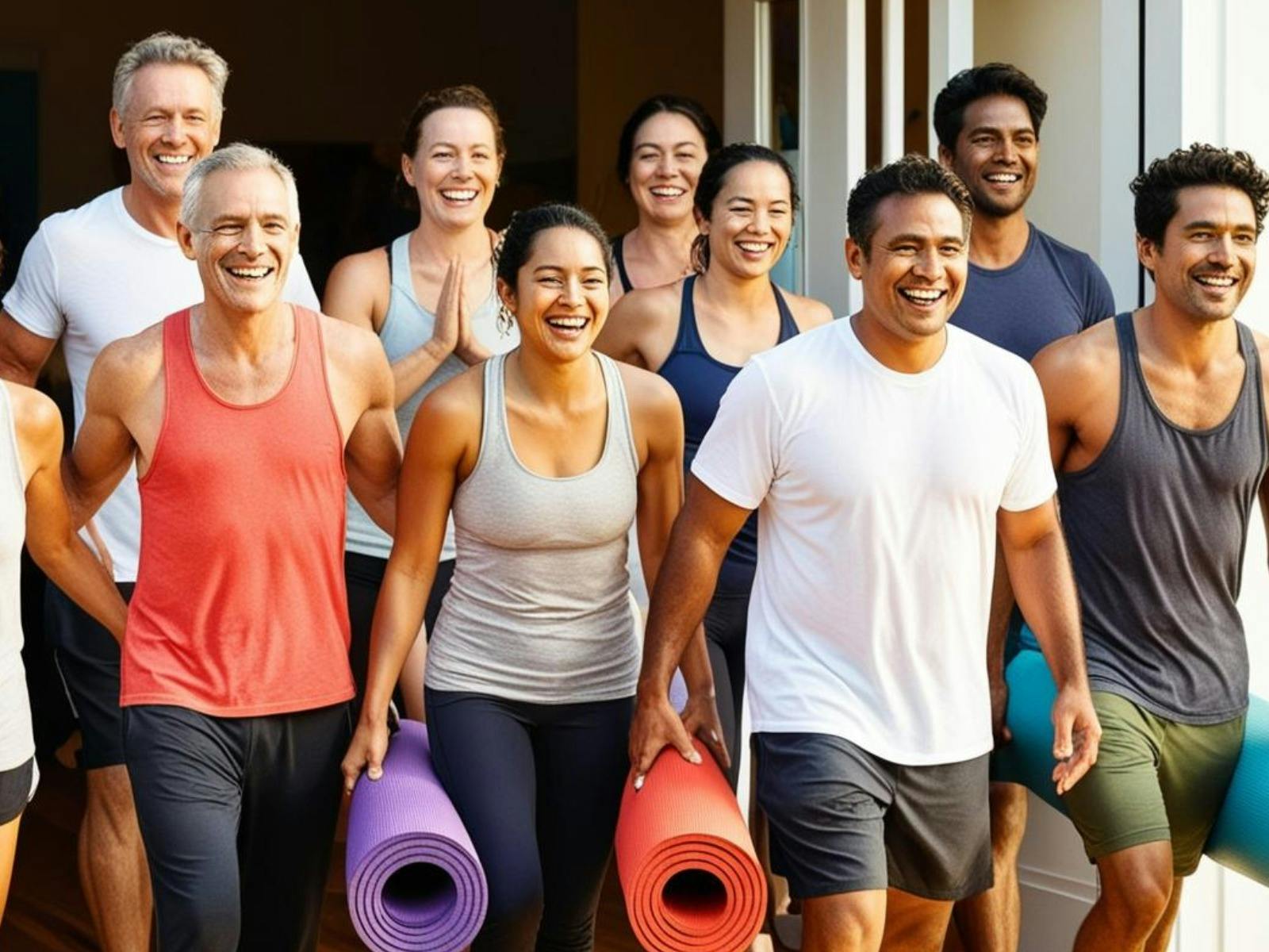 a group of happy people finish yoga class