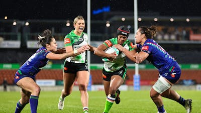 Canberra Raiders NRLW player Sereana Naitokatoka running the ball.