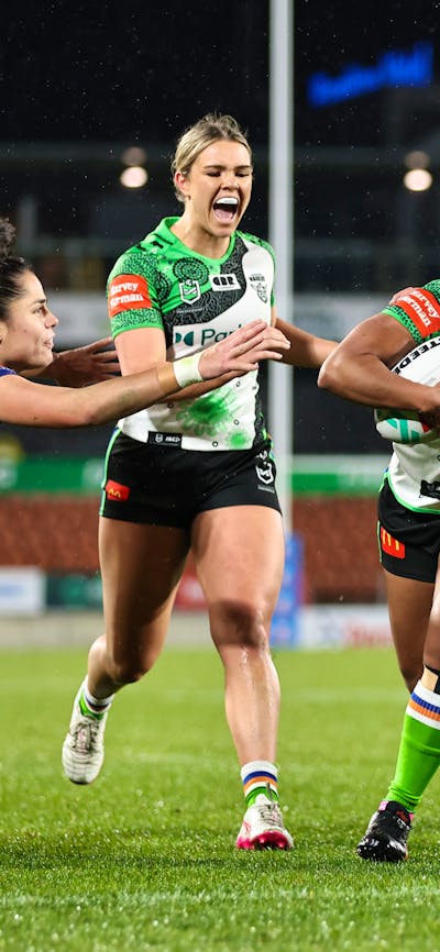 Canberra Raiders NRLW player Sereana Naitokatoka running the ball.
