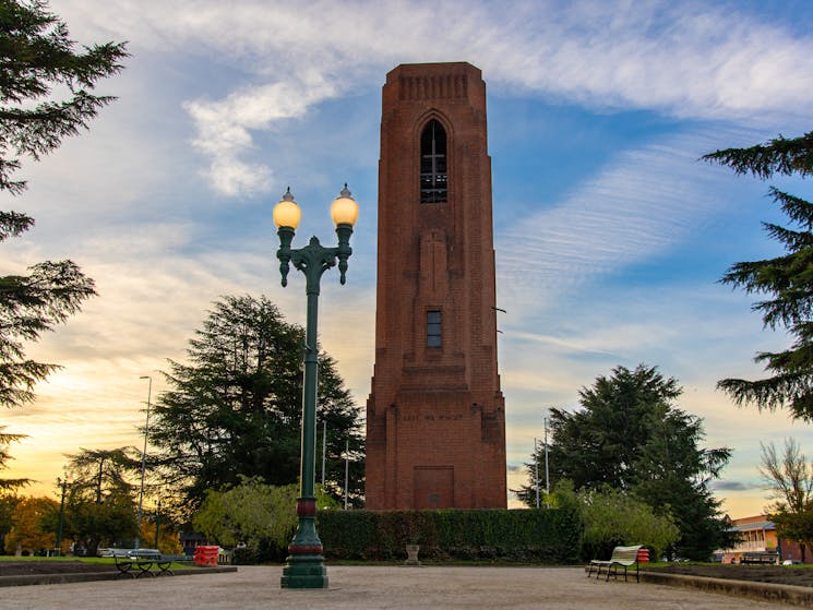 The Bathurst War Memorial Carillon and Historic Street Lamp in the sunset on Kings Parade