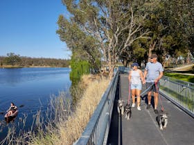 Two people walking dogs on boardwalk on right with kayaker on Lake Inverell on left