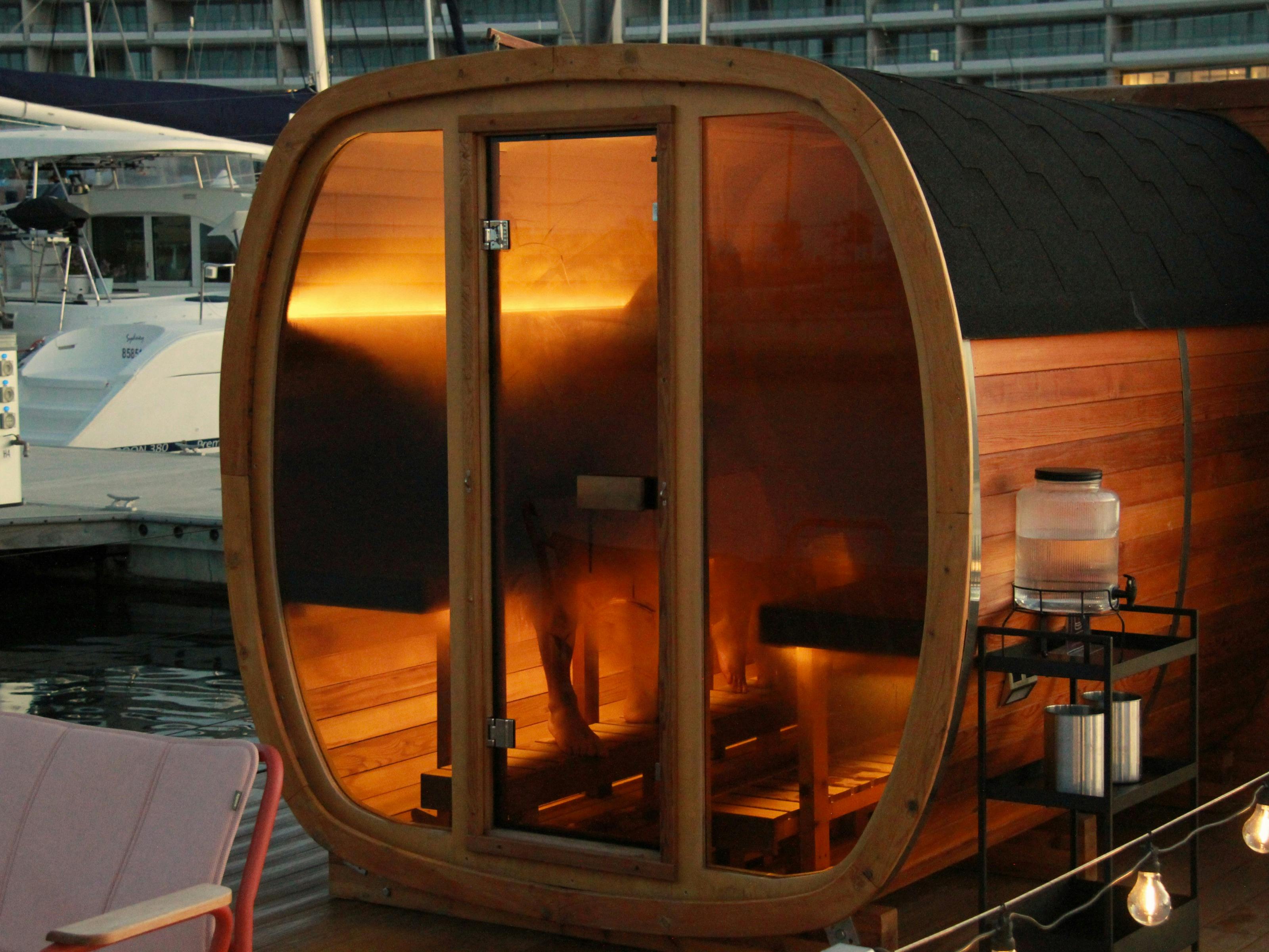 View of the floating sauna in the evening