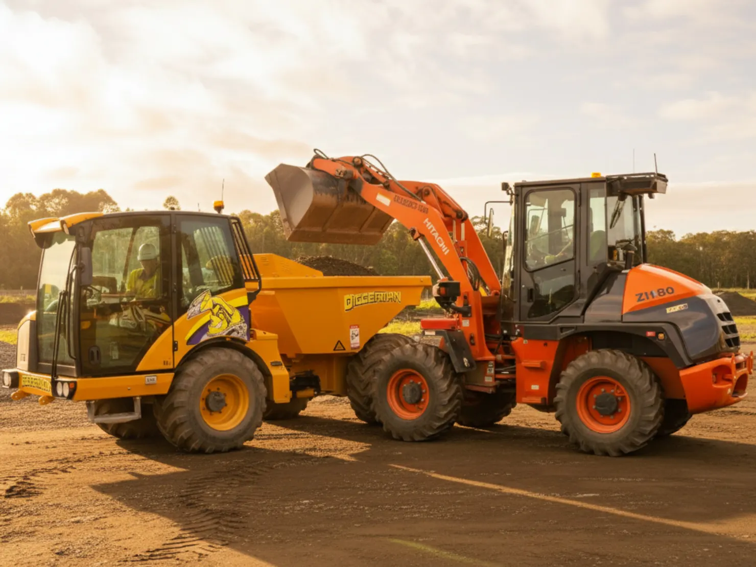 A loader dumps dirt into a moxy haul truck