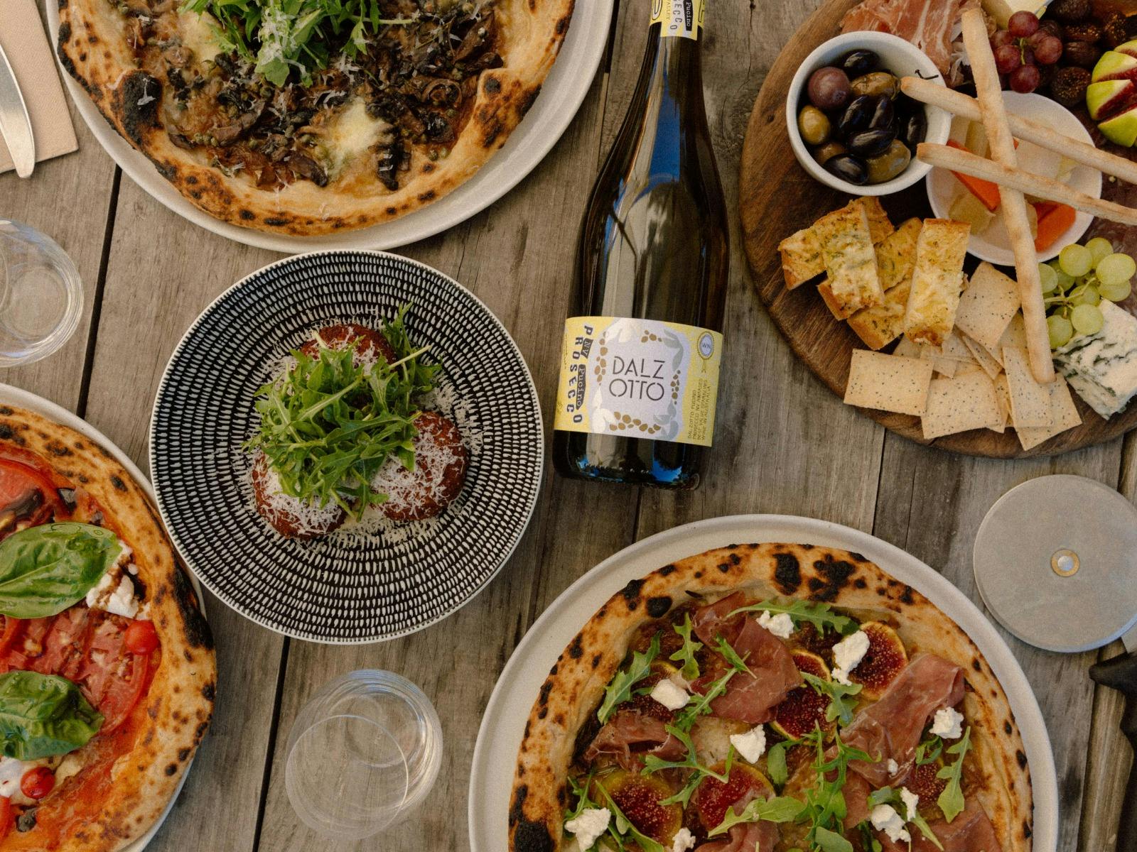 Dal Zotto Wines Woodfired Pizza arancini antipasti and pucino prosecco