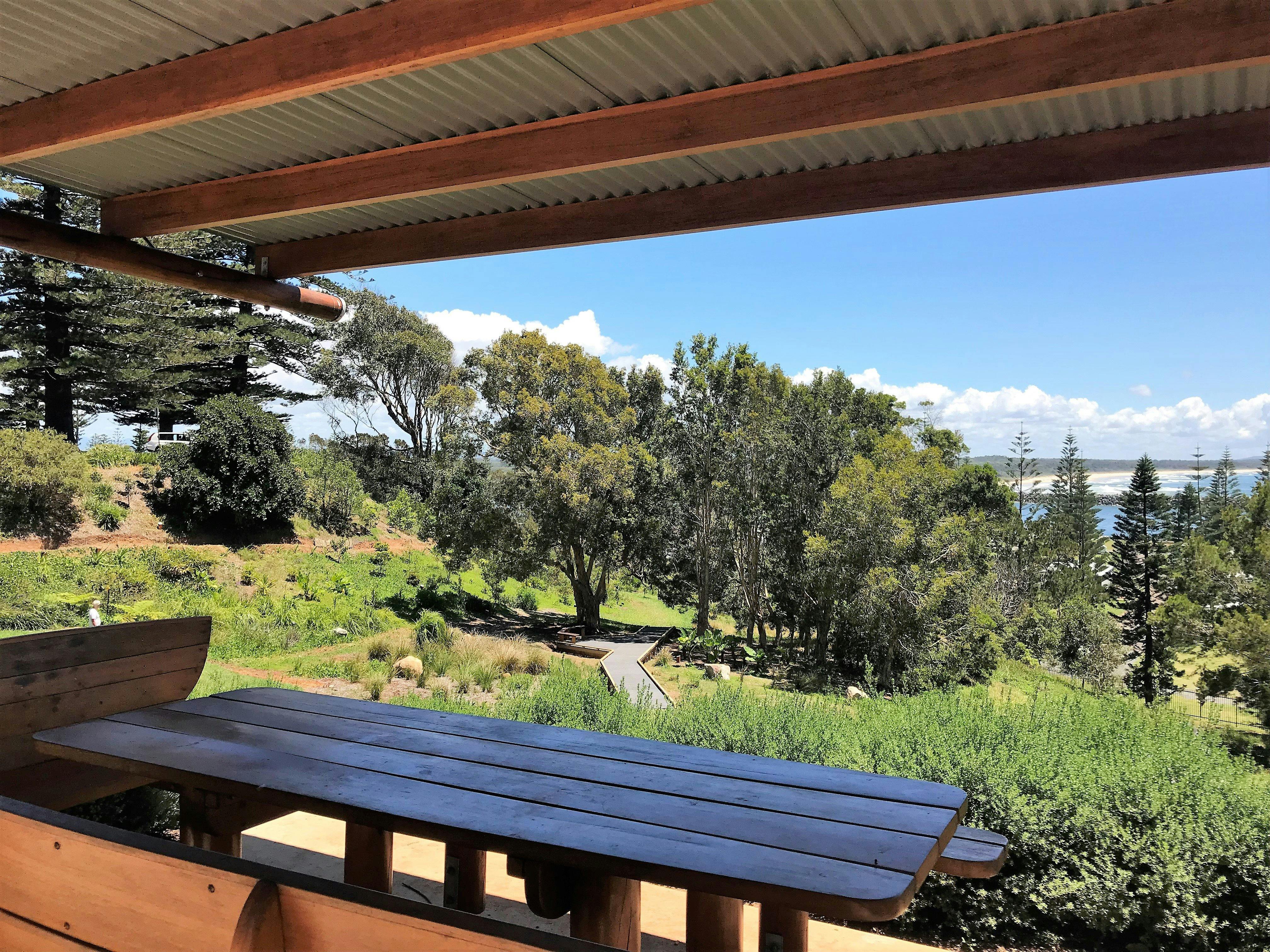 The boat-themed shelter overlooks the boardwalk.
