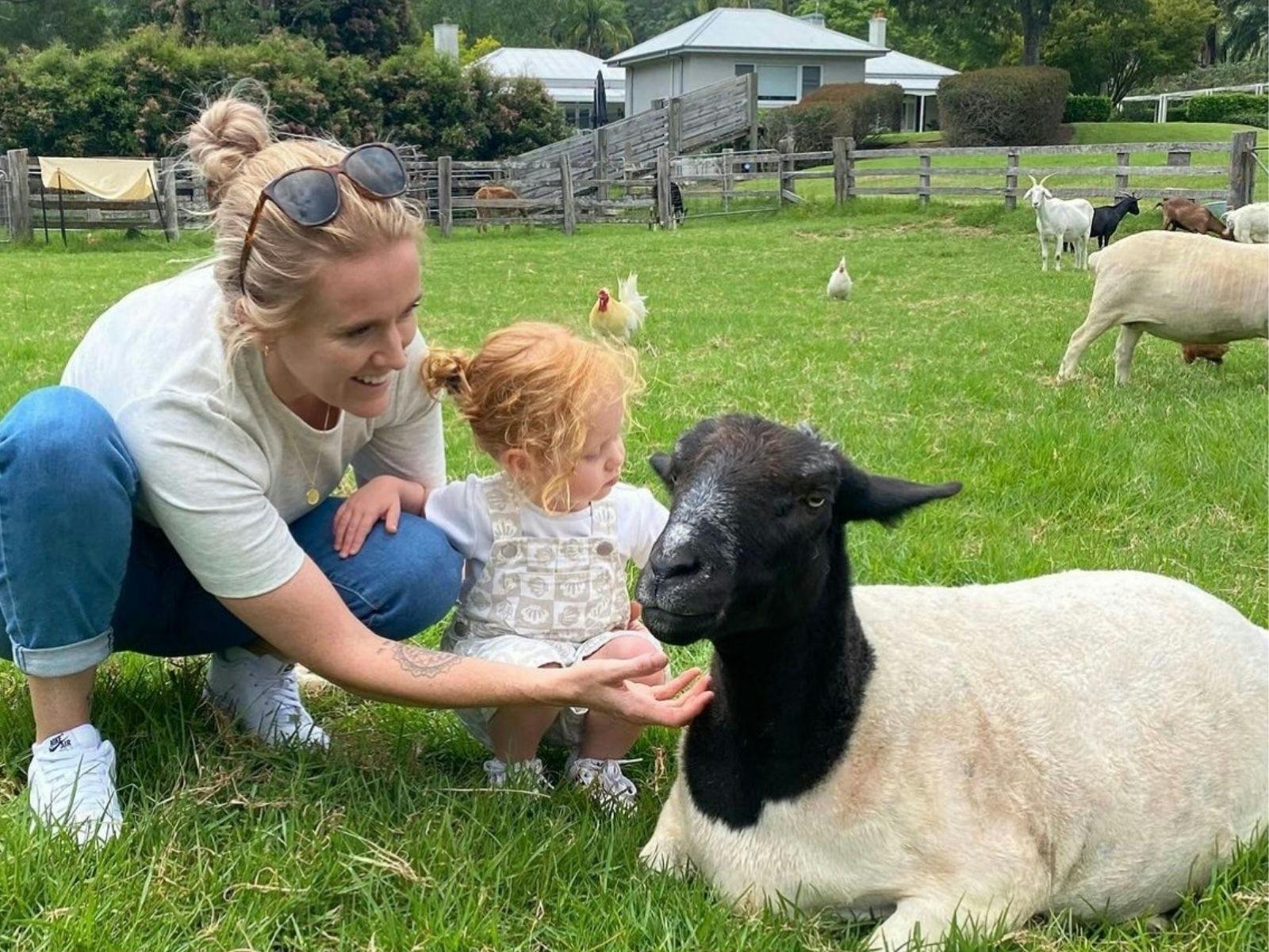 Woman and young child gently interacting with black-faced sheep lying on green grass.