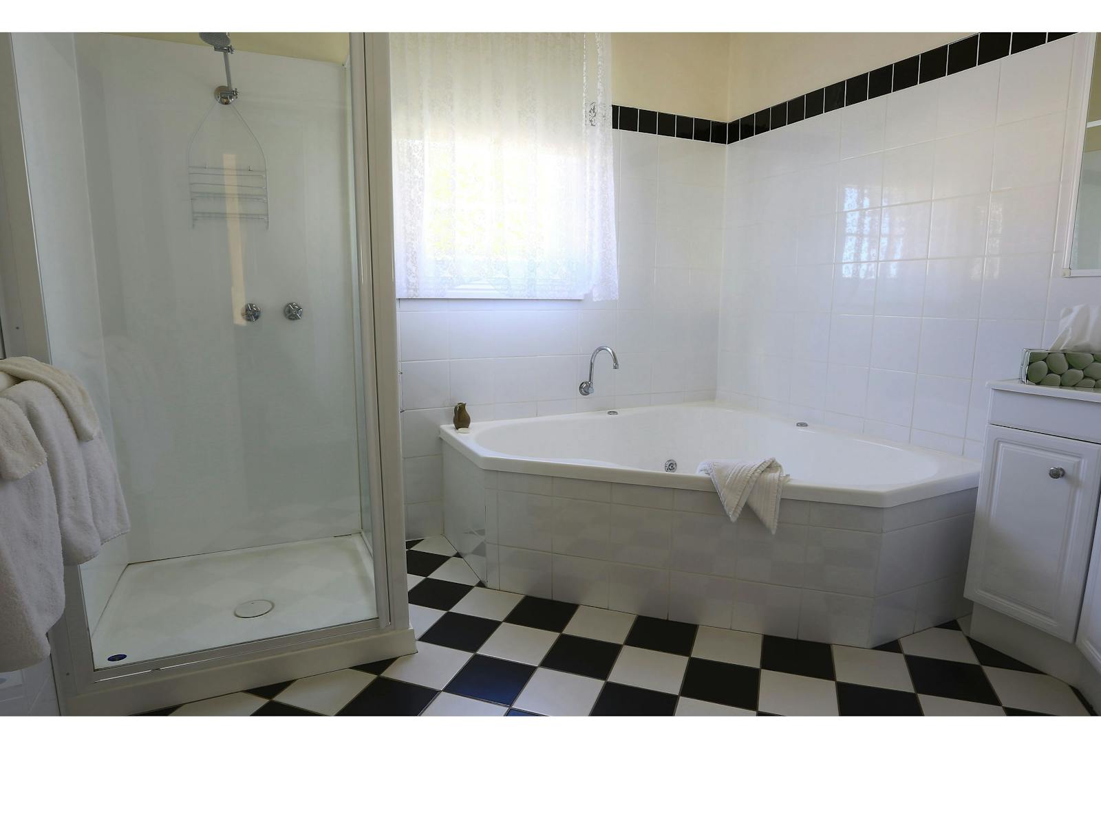 large 2 person corner spa, walk in shower, large vanity, spacious bathroom. Toilet in separate room