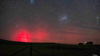 The aurora appears red in colour as it is usual to capture the upper levels of the aurora here