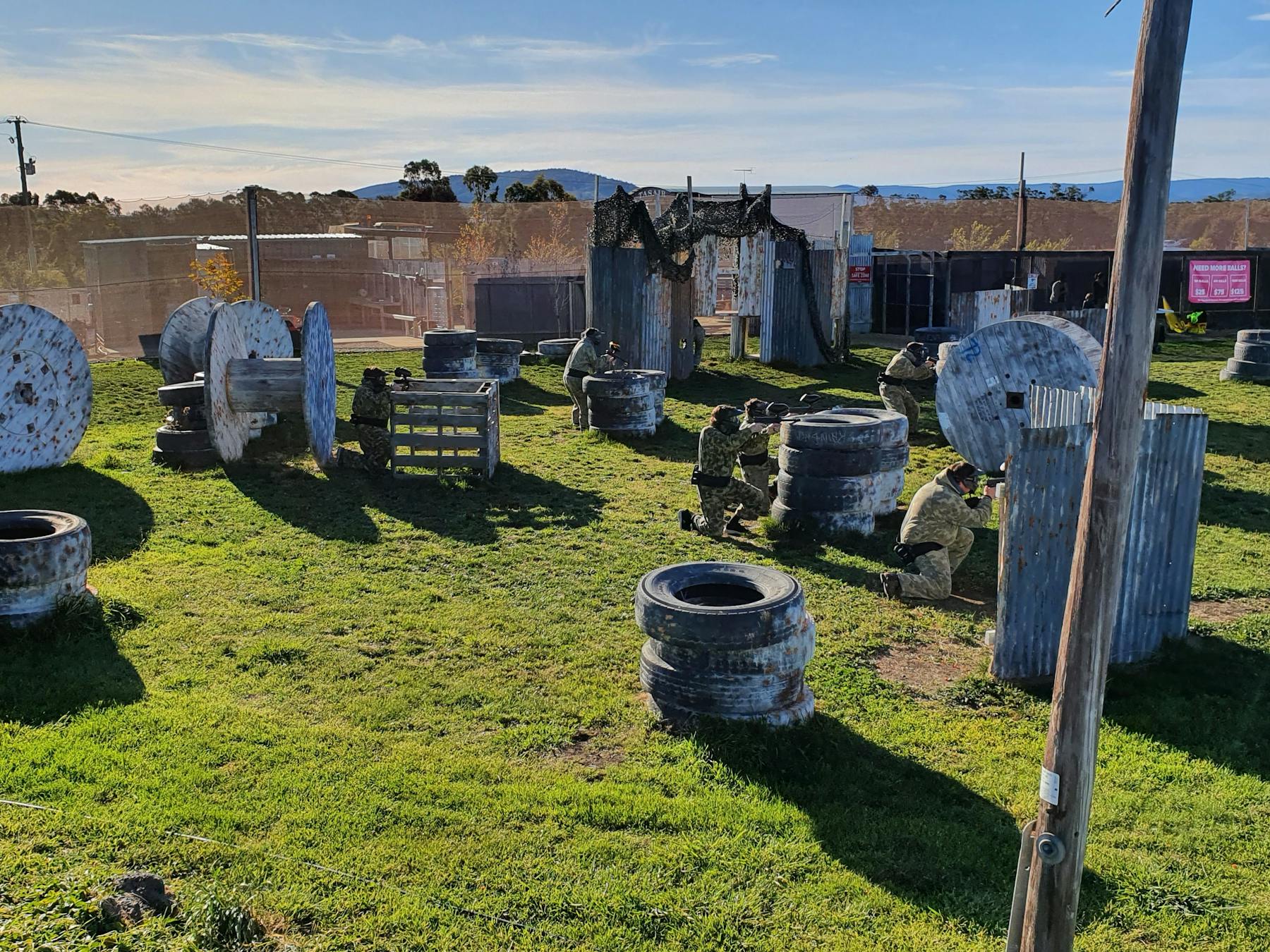 Elevate view of one of our playing fields. Most of Hobart Paintballs game modes are played here