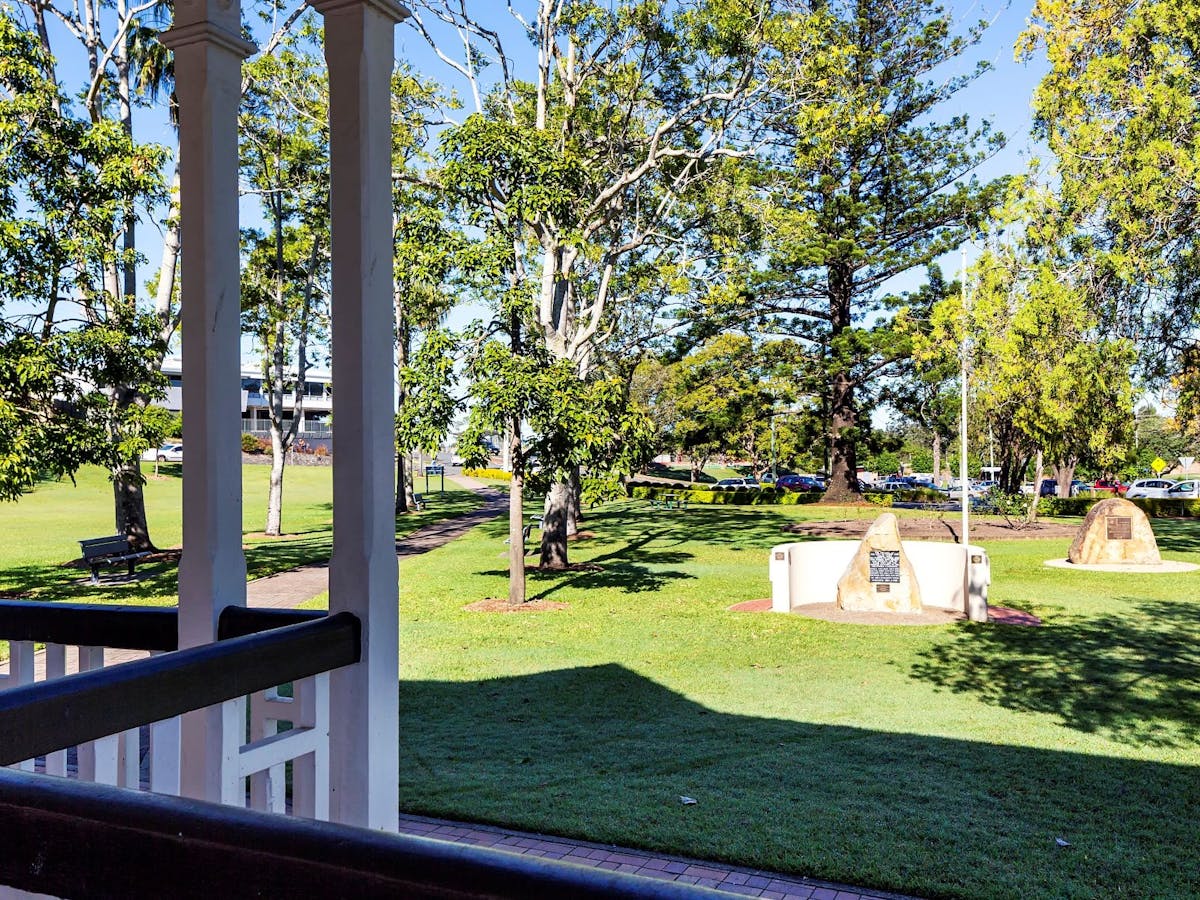 View from the Rotunda looking at the green lawns and tress