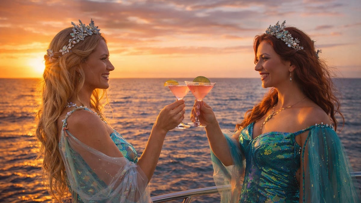 two ladies dressed in enchanted ocean costumer clinking cocktail glasses