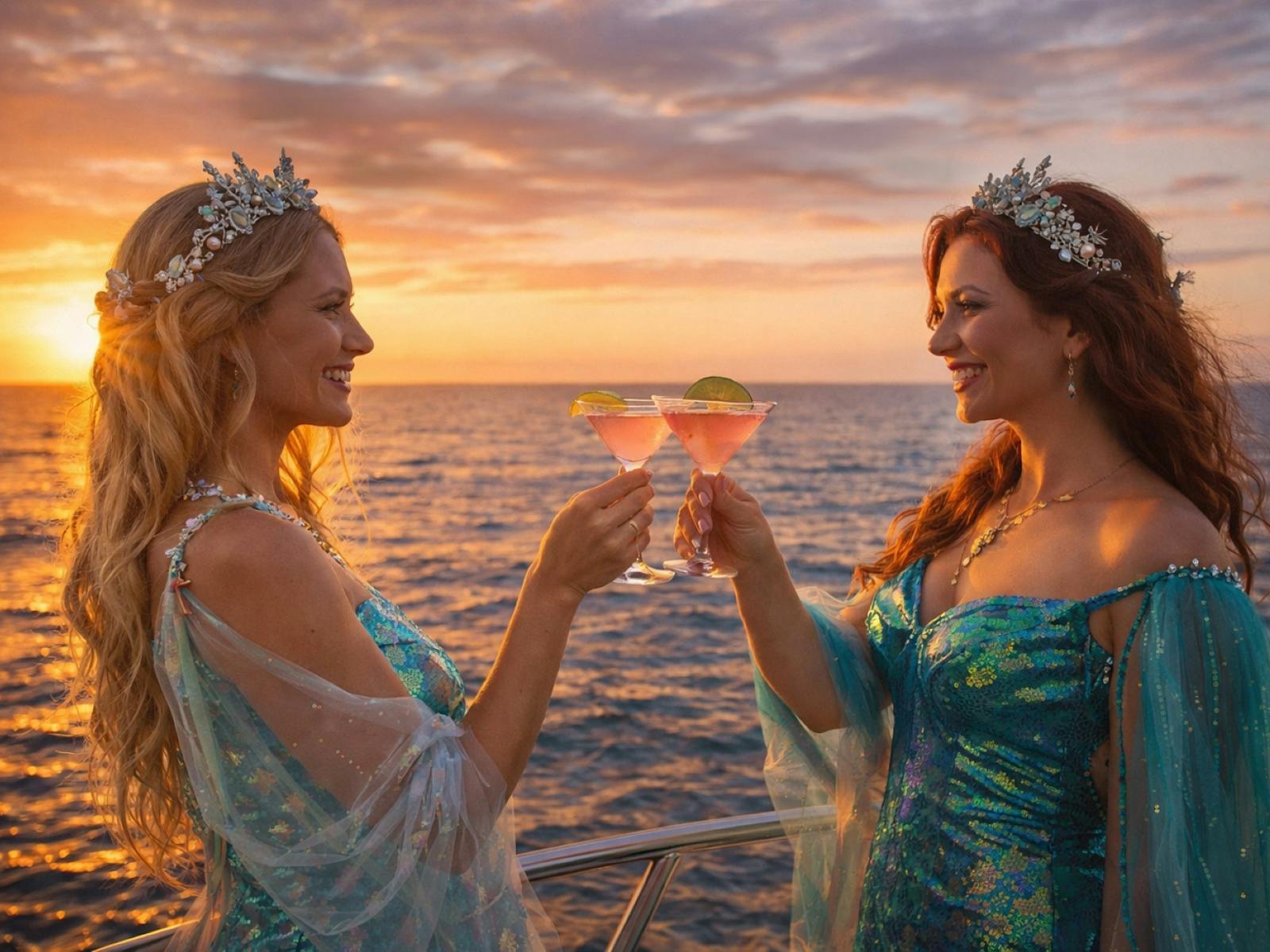 two ladies dressed in enchanted ocean costumer clinking cocktail glasses two ladies dressed in enchanted ocean costumer clinking cocktail glasses