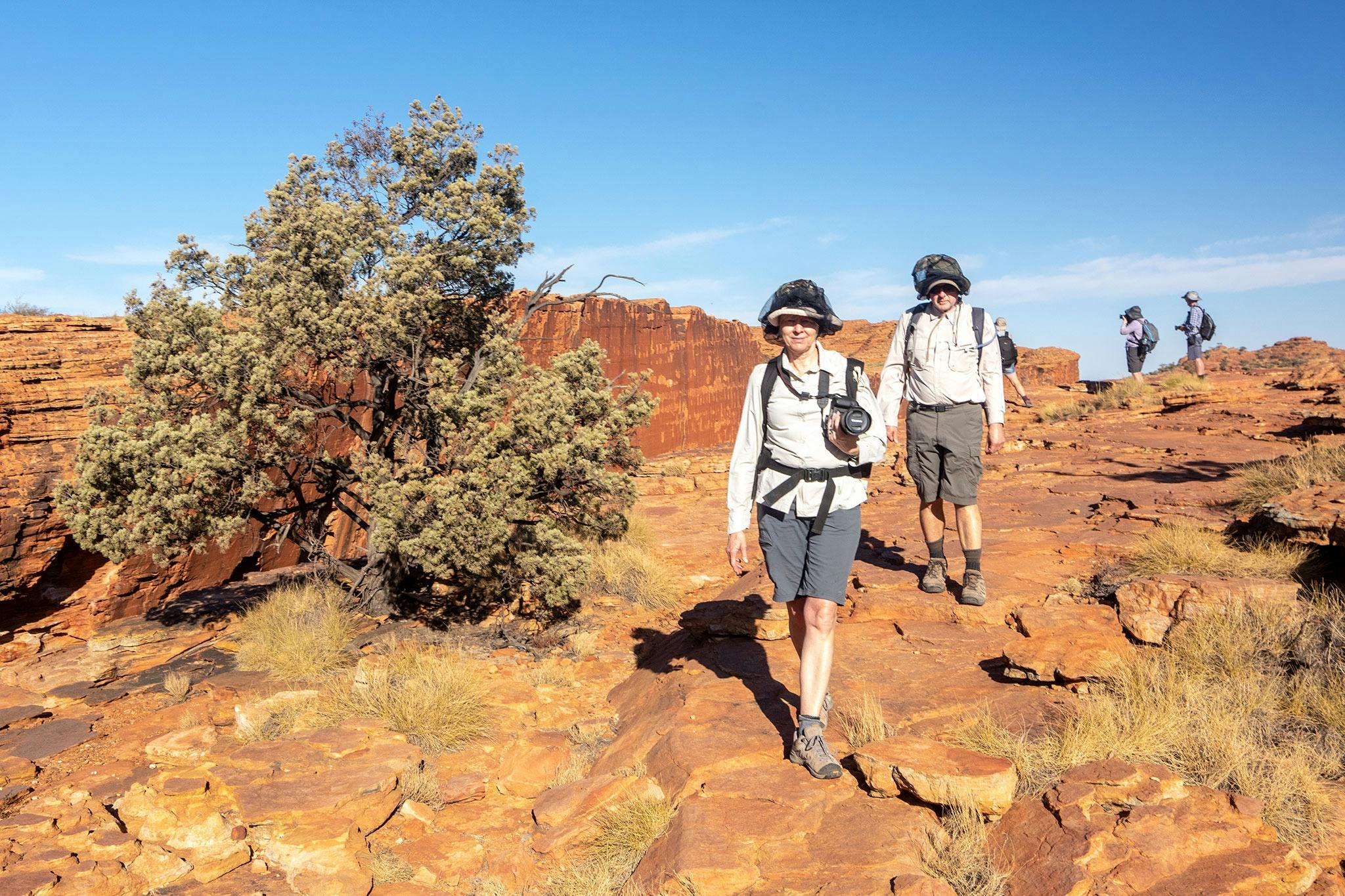 A couple of people walking along the top of Kings Canyon