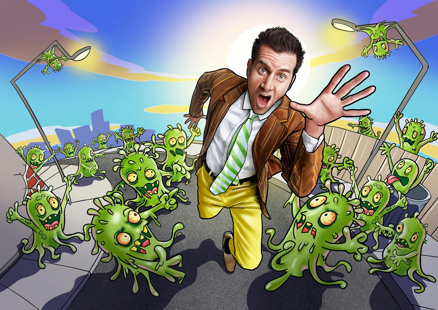 a funny looking man is running away scared from snots and boogers who look like funny little zombies