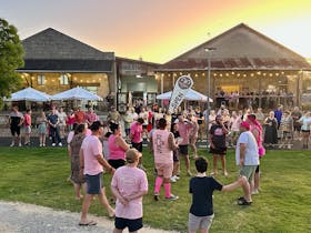 Large group of people, most wearing pink clothing, outside Woolstore Brewery at sunset