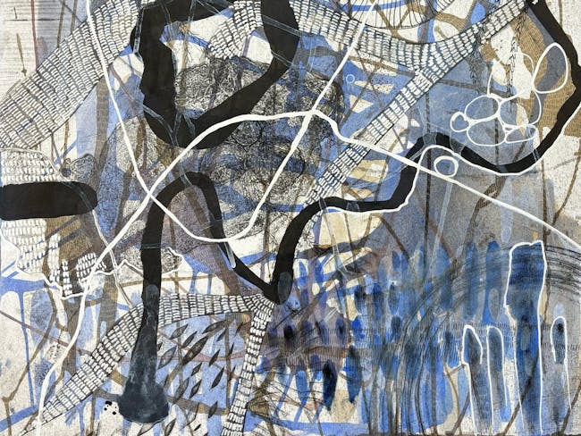 A collagraph featuring intertwining blue and black lines