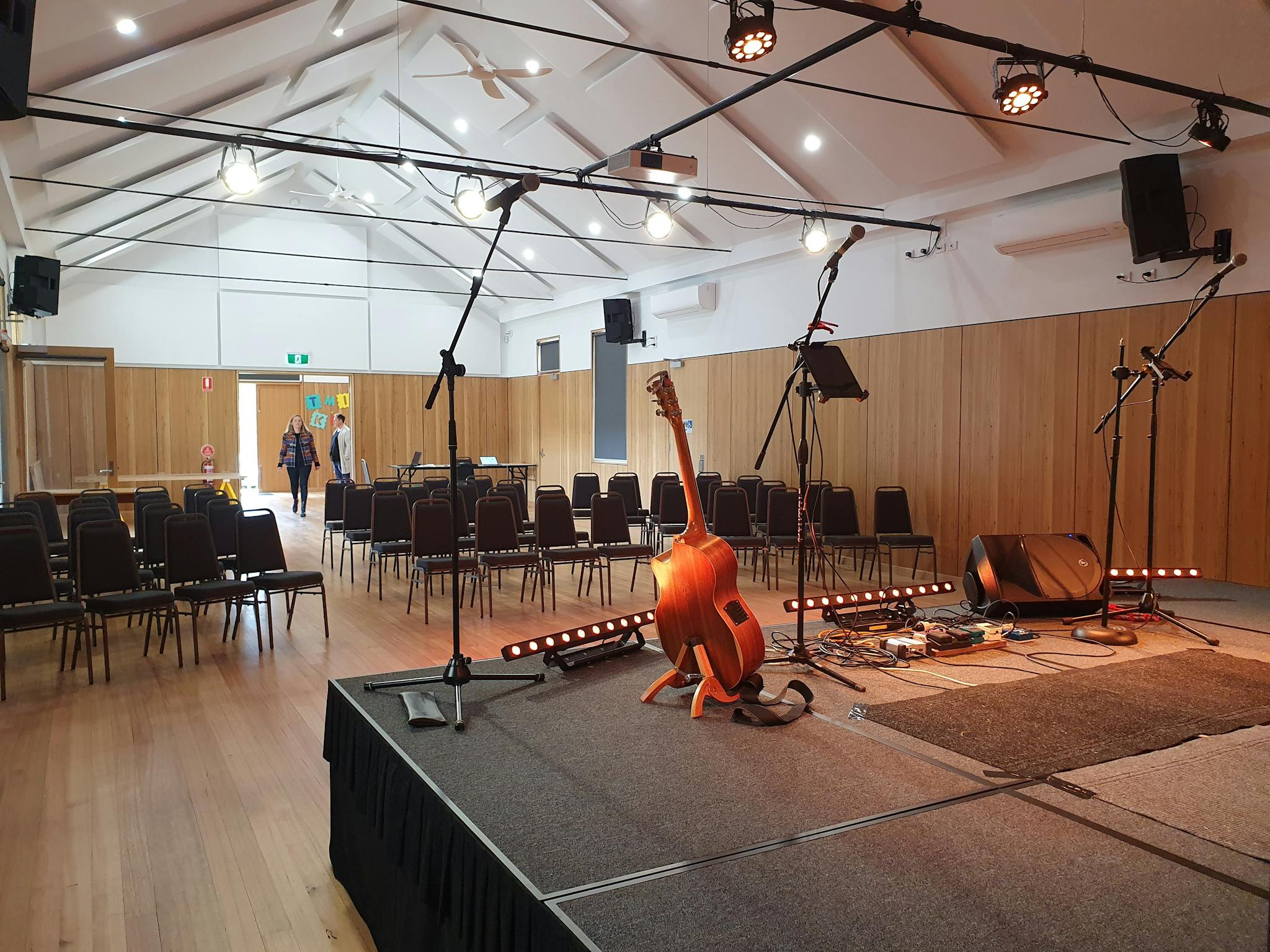 The main space, set up for a music performance