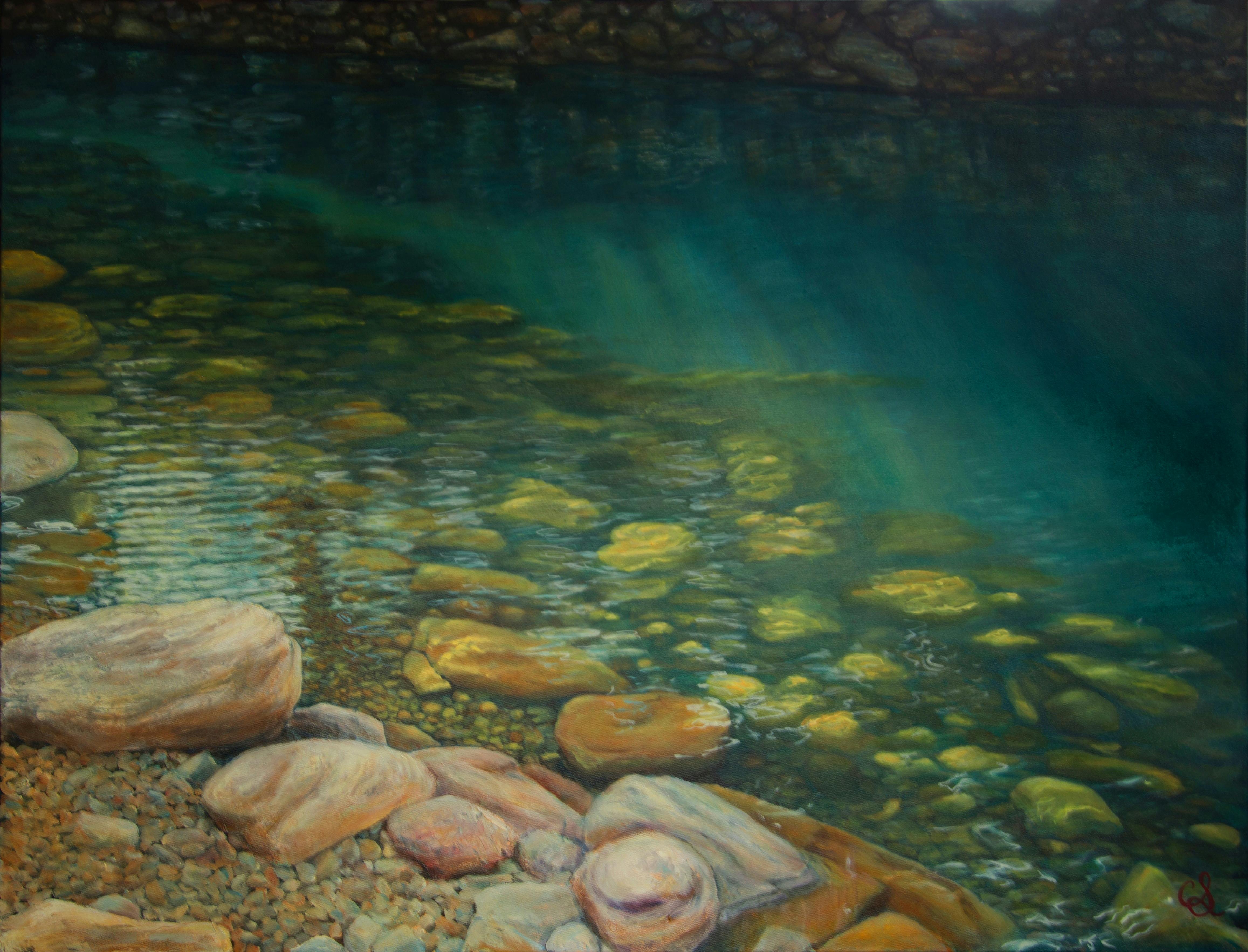 painting of sunshine through clear river water