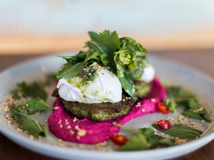 Beetroot and quinoa fritters served with poached eggs and beetroot hommus