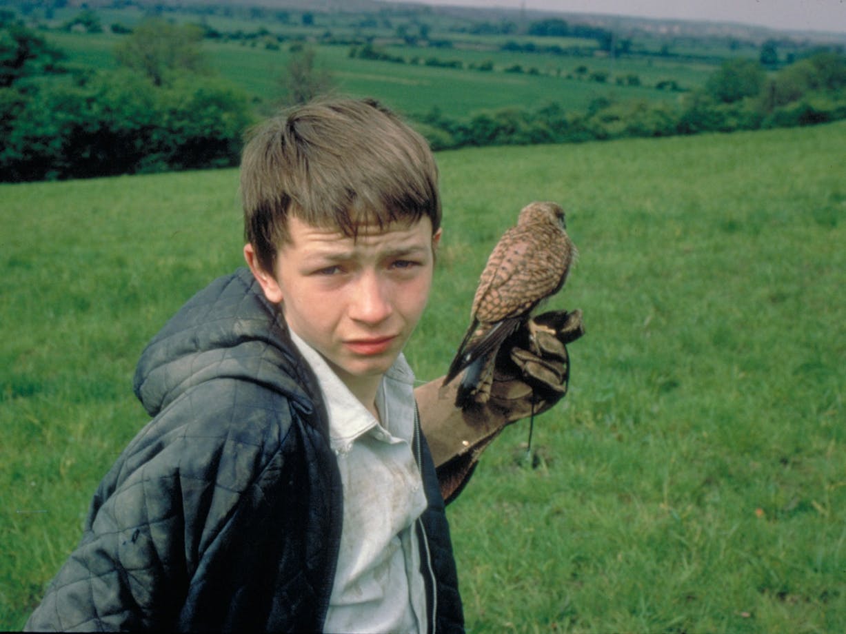Young boy looking at camera bracing a small bird
