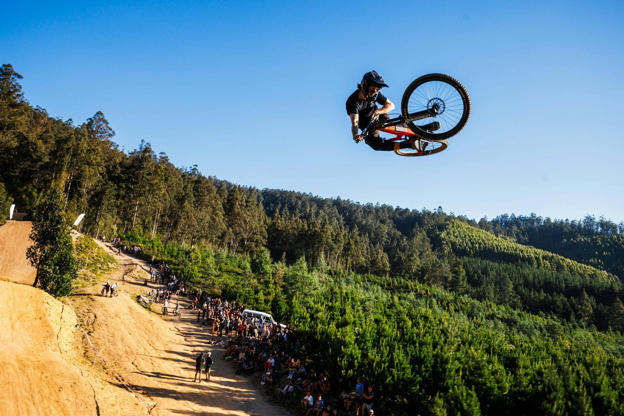 Rider at jump track at Maydena Bike Park at Jump Jam event
