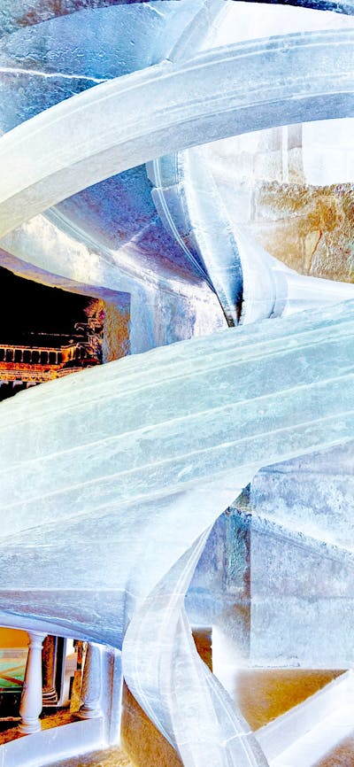 Digitally manipulated image of spiral stone staircase with abstracted viewpoint and inverted colours