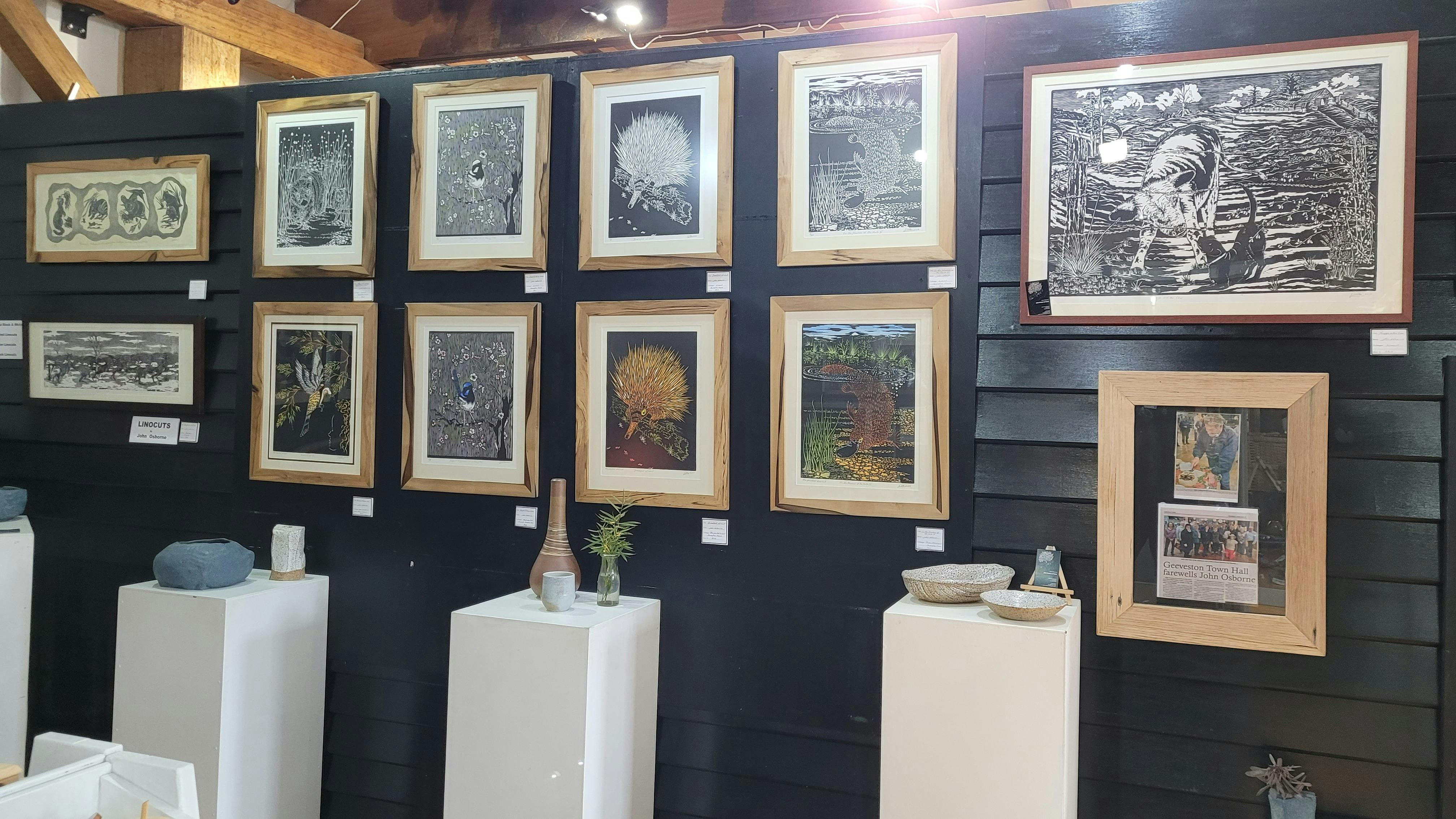 Lino print pictures on display