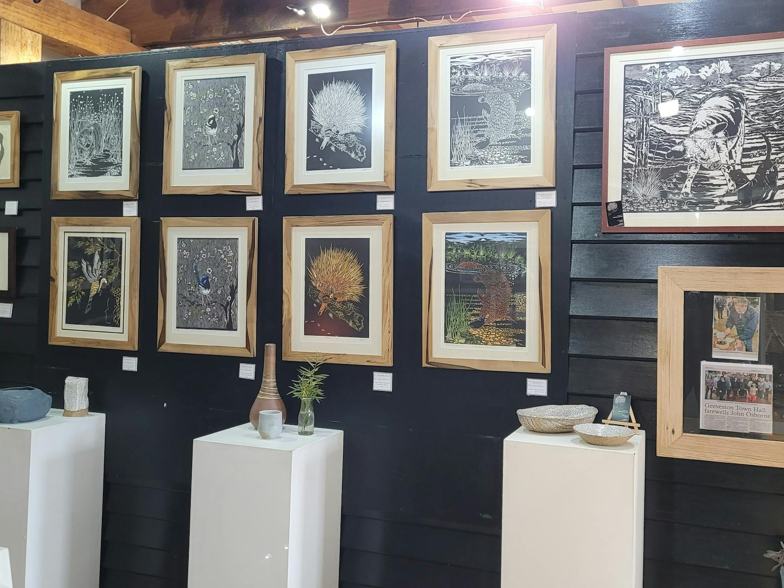 Lino print pictures on display