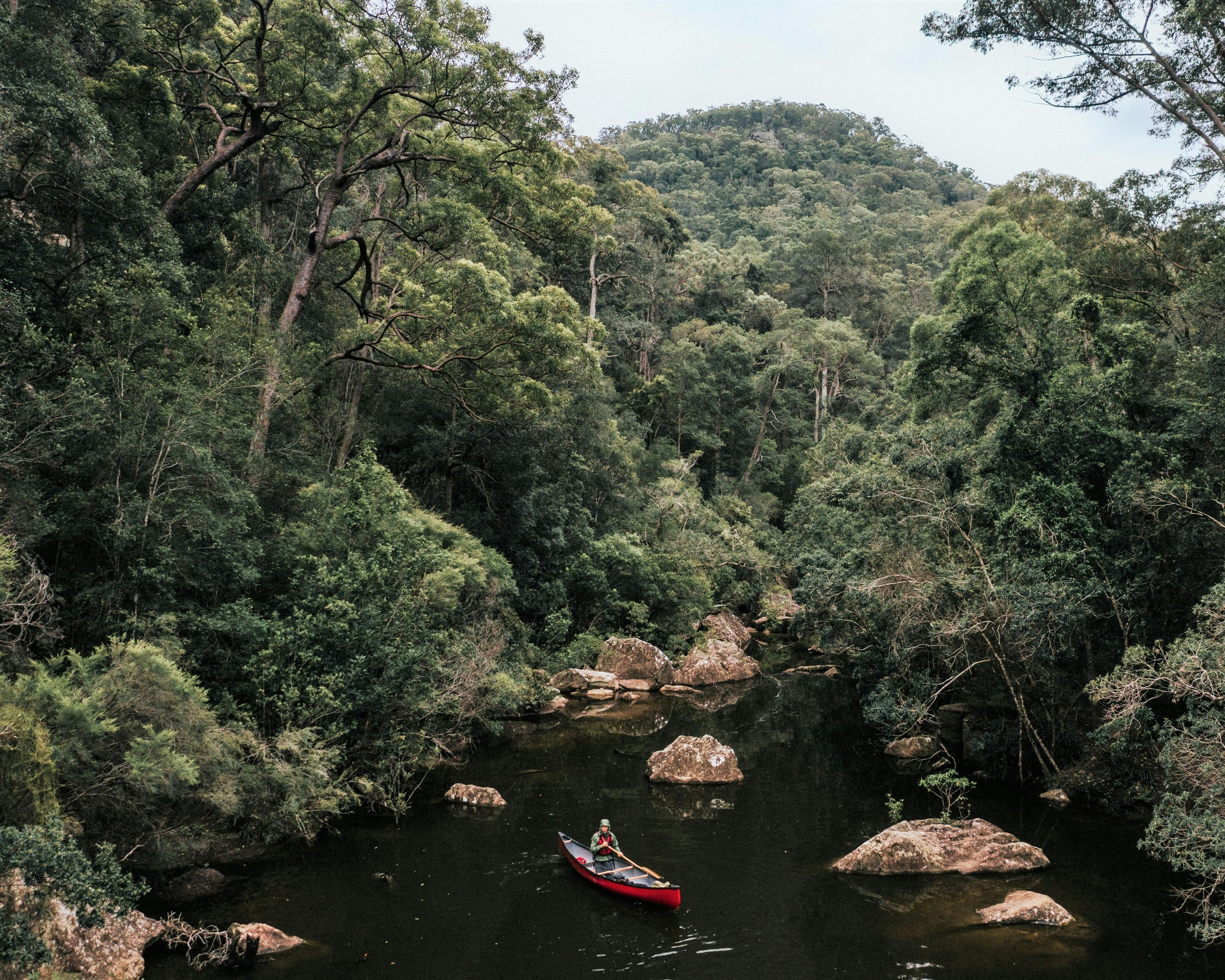 A red canoe in a wilderness creek