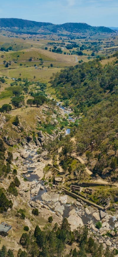 Aerial image of Adelong Falls Gold Mill Ruins, Adelong, Snowy Valleys, NSW