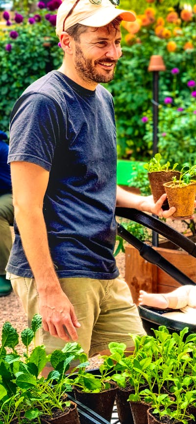 Man with baby talks to stallholder at Harvest Day Out