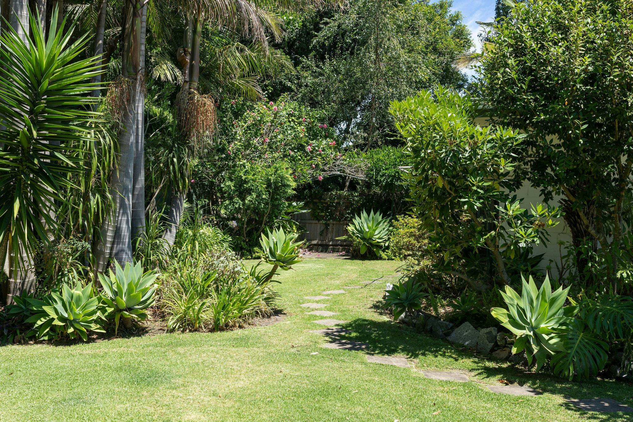 Garden path through lush greenery at Silver Bream Motel Mallacoota