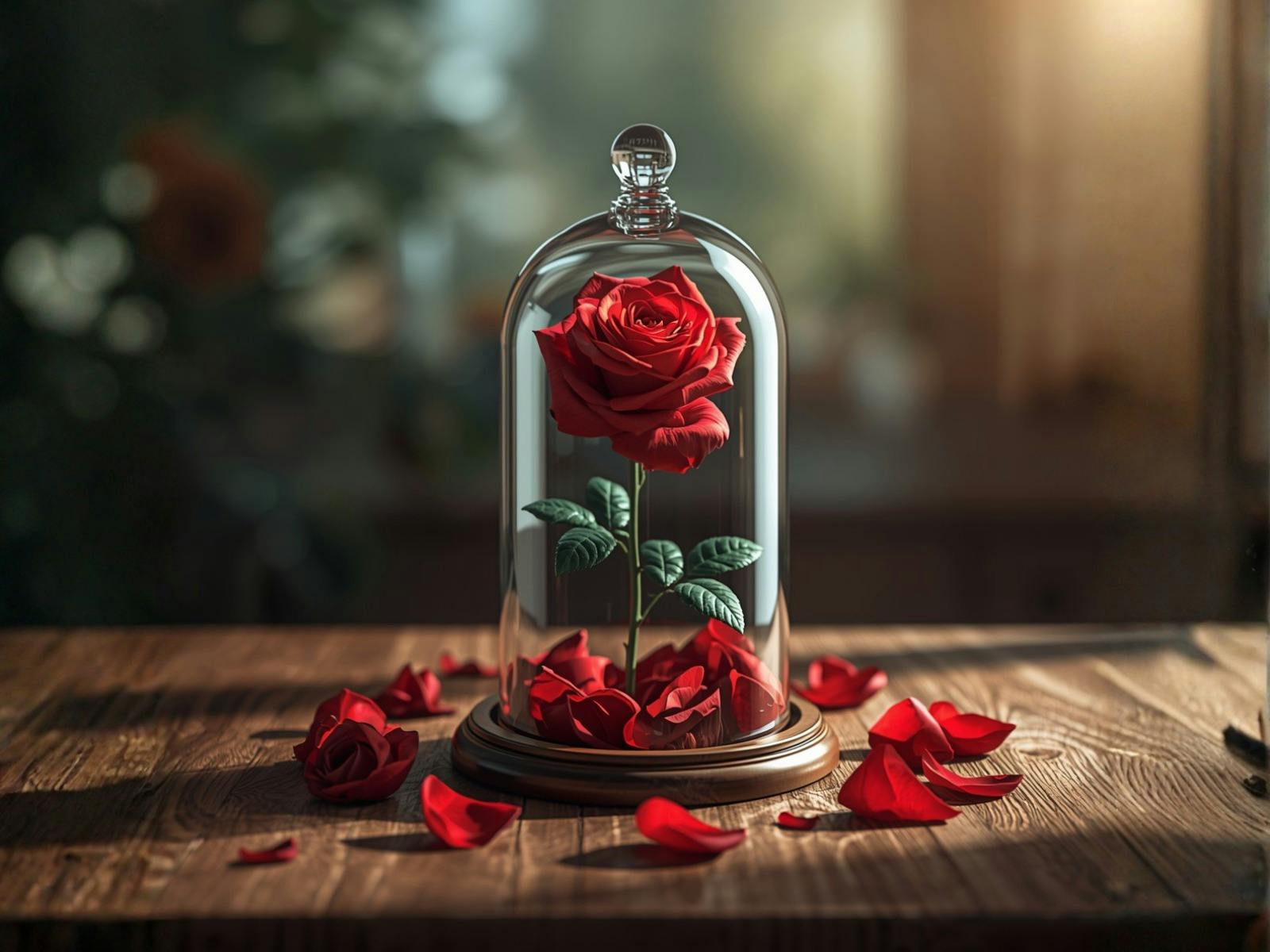 rose in a jar with fallen rose petals