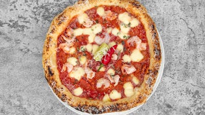 San Marzano Tomatoes, Fior de latte, Garlic King Prawn, Chorizo, Spicy Hot Peppers & Parsley