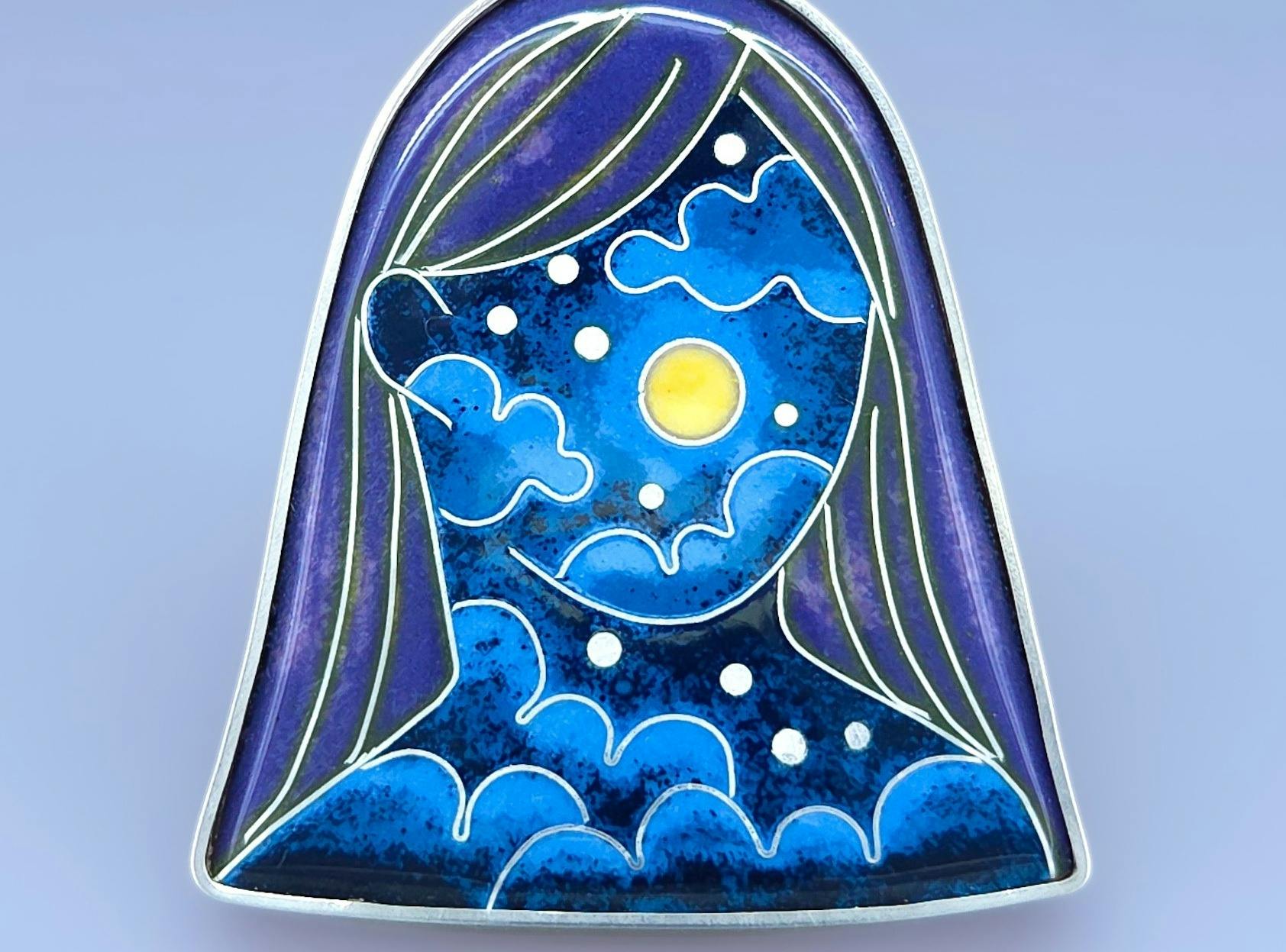 Pendant: vitreous enamel, copper, fine silver, sterling silver, beaded necklace