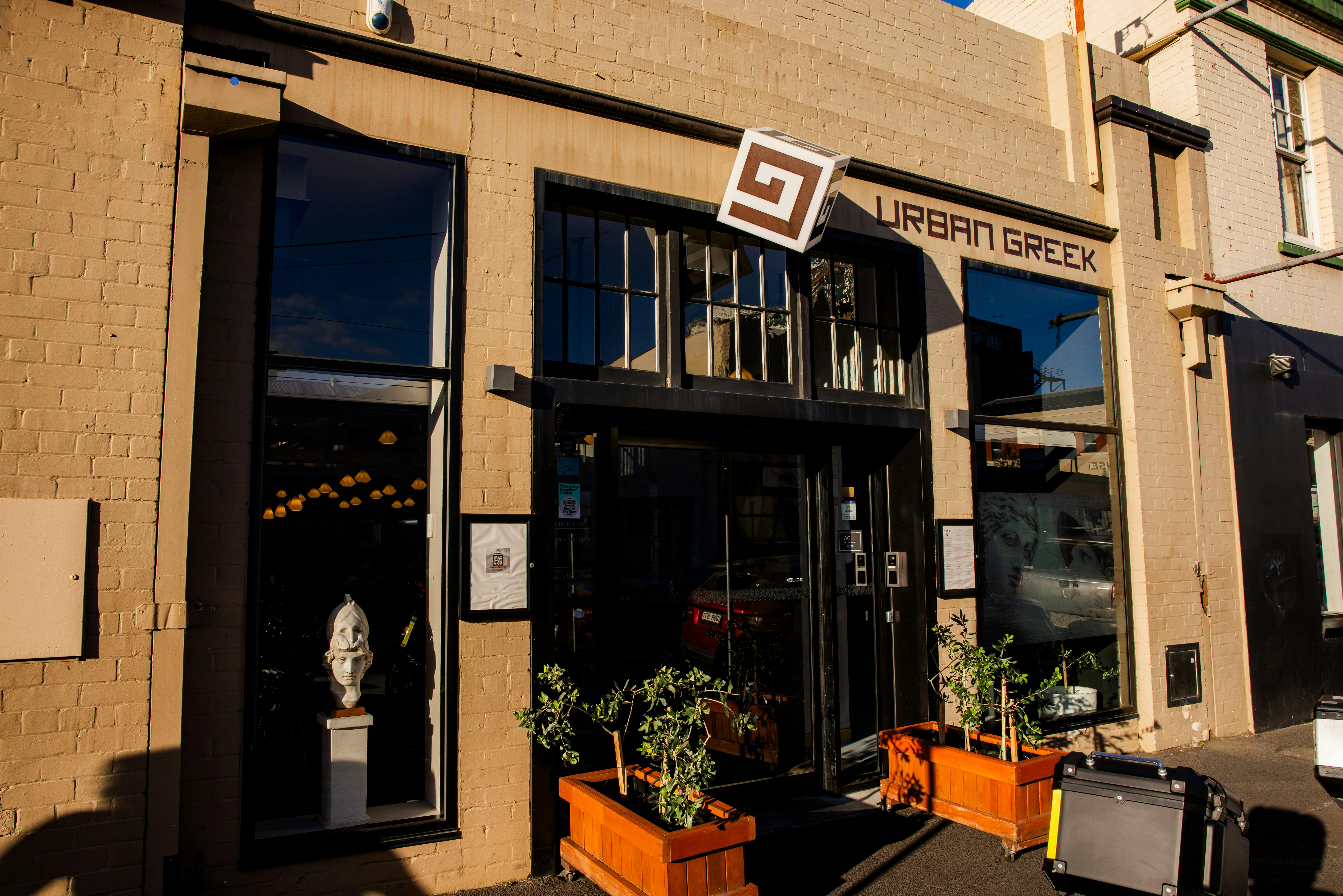 Urban Greek restaurant entrance on Murray Street in central Hobart.
