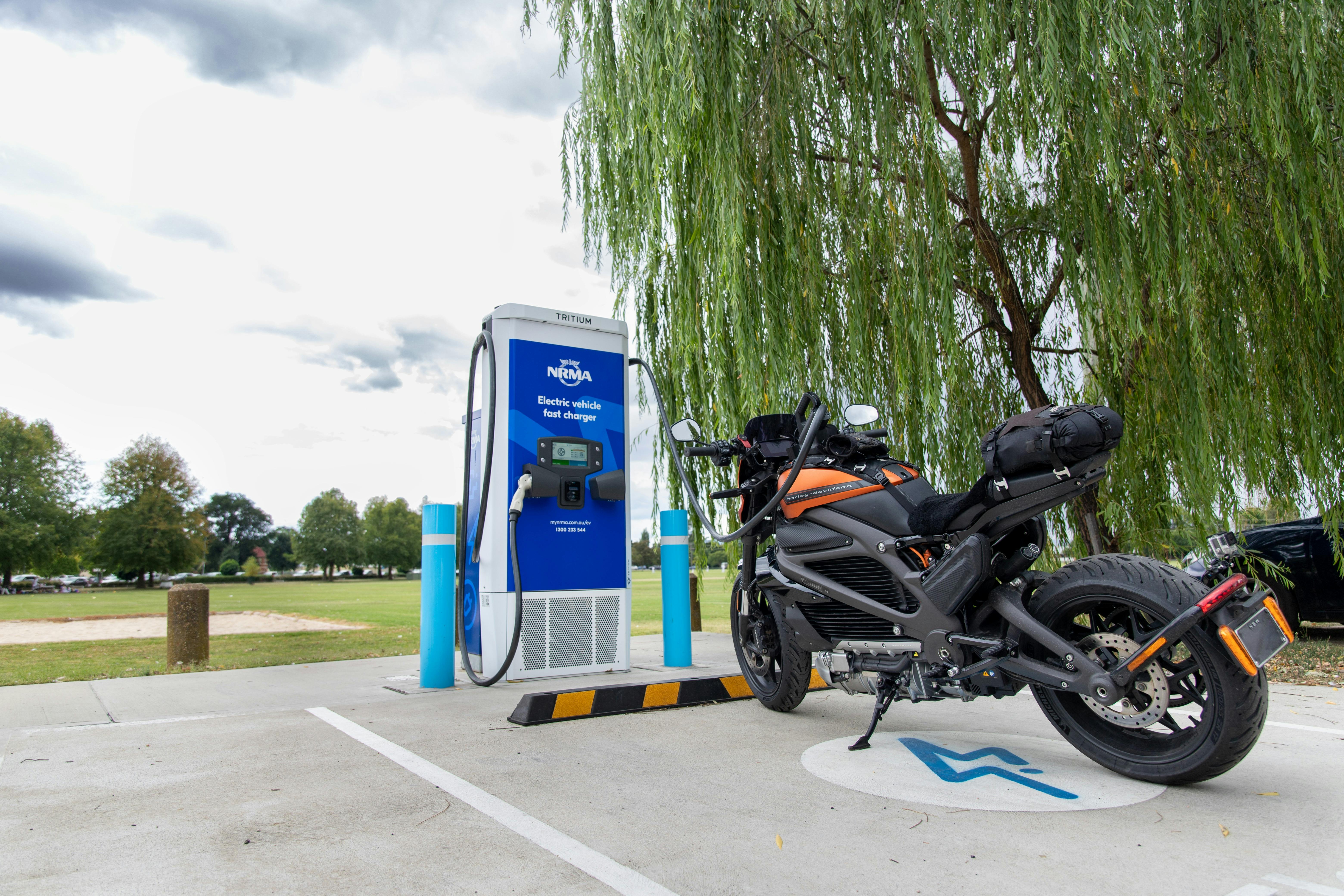 An Electric Harley Davidson Motorcycle charging at the Bathurst NRMA charging station