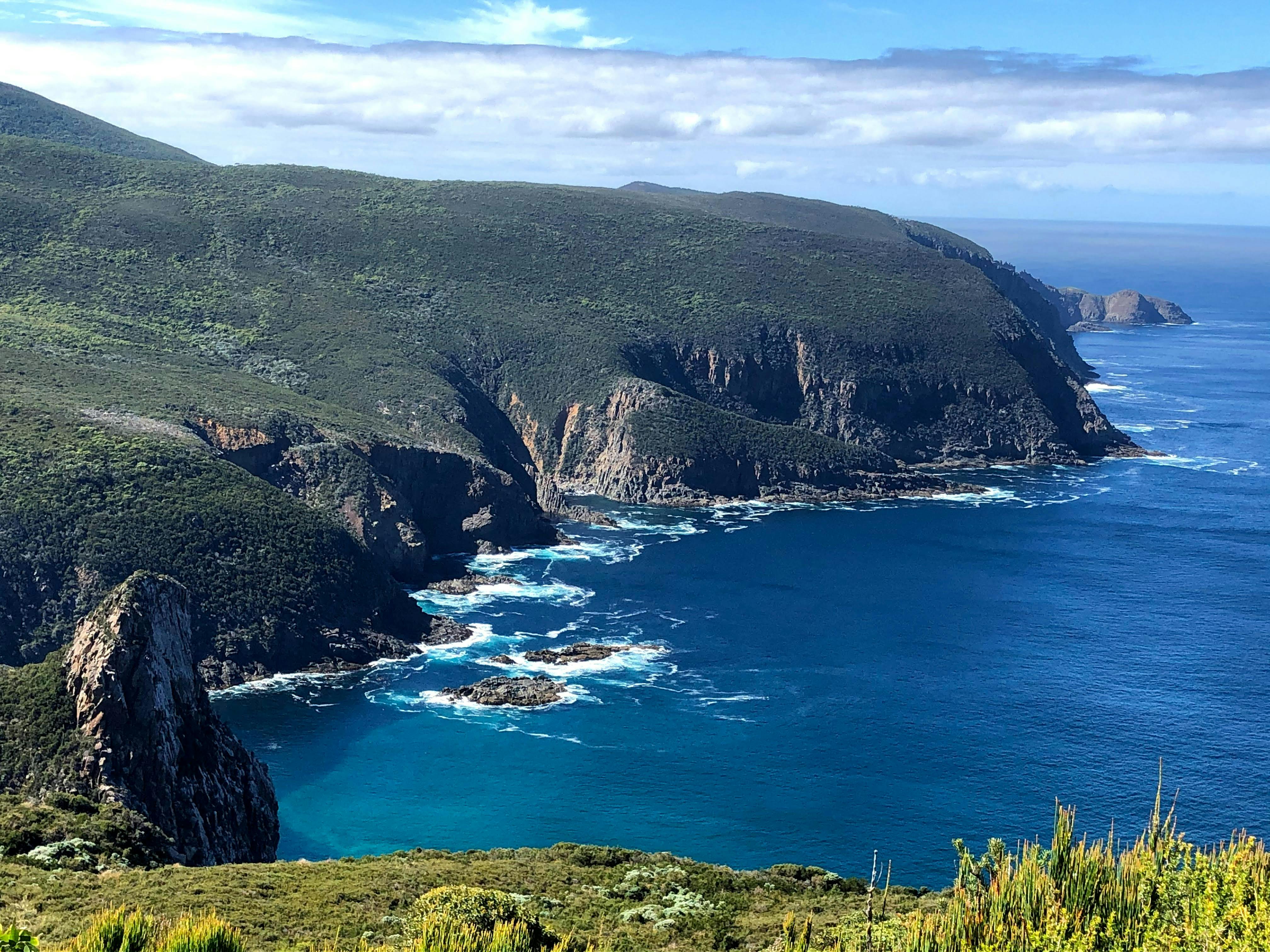 Rugged coastal cliffs and ocean views at South Bruny National Park Tasmania.
