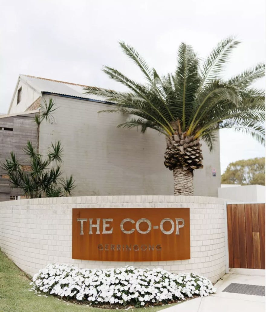 Sign says The Co-Op on a brick wall with a palm tree in the background