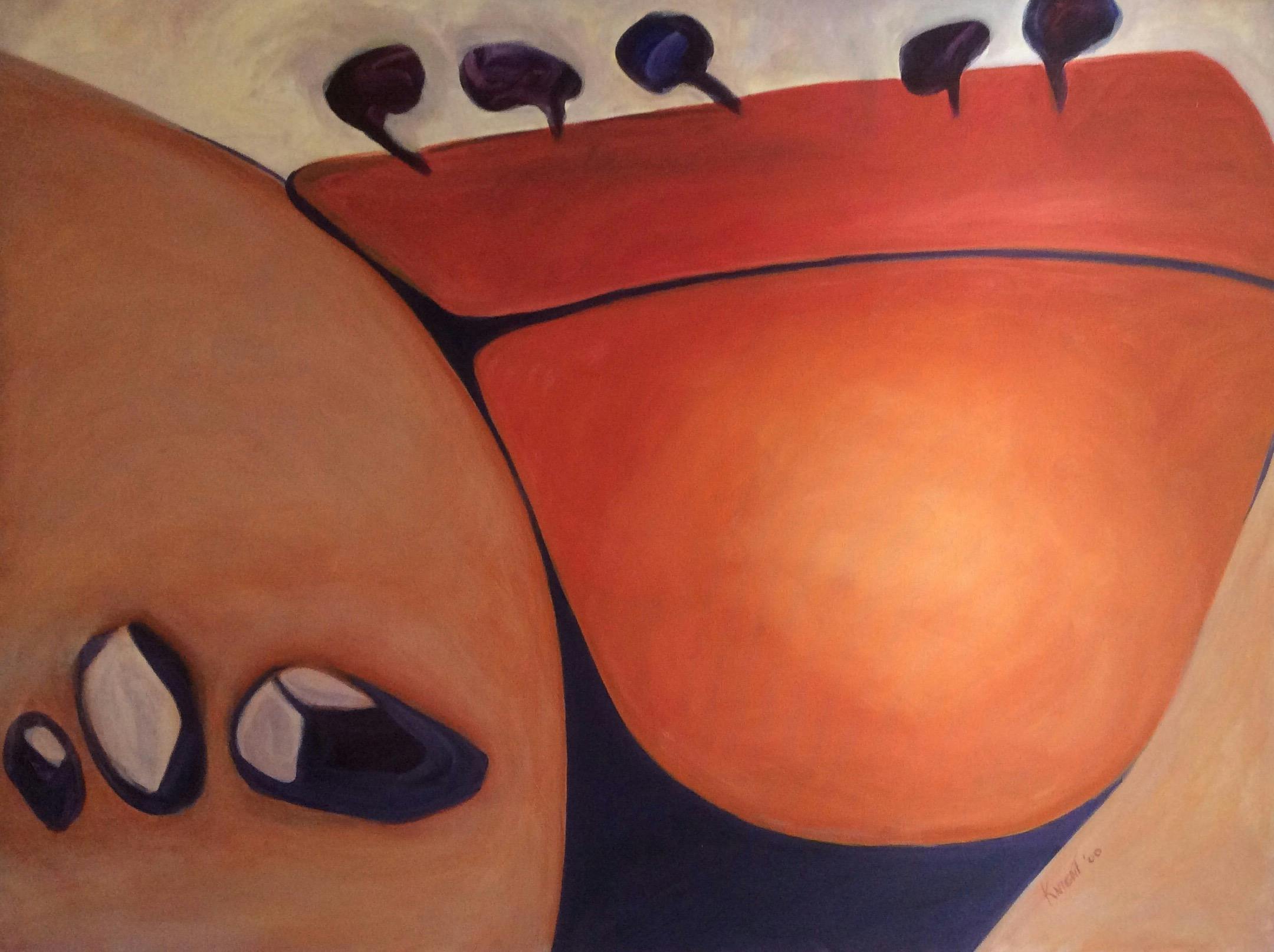 Oil painting by Dot Knight in earthy colours. The style is modernist, almost abstract.