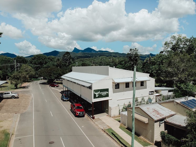Drone shot of hotel with Mt Warning in background