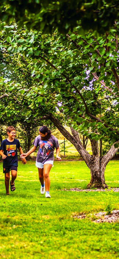 Two young people exploring the grounds at Lanyon Homestead