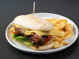 Served on a Turkish roll with crispy steak fries