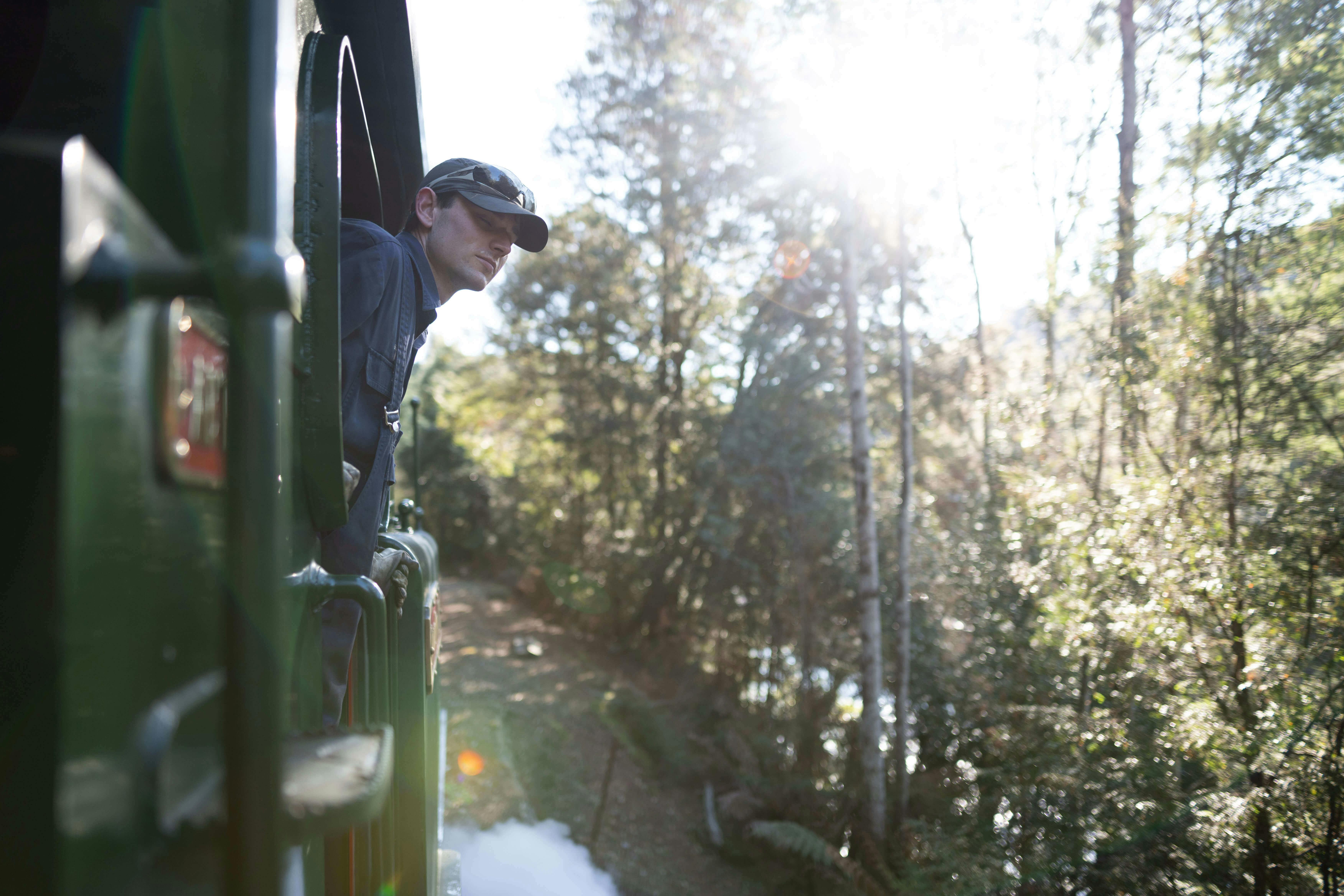 Train driver leans out of the locomotive to take in the rainforest views